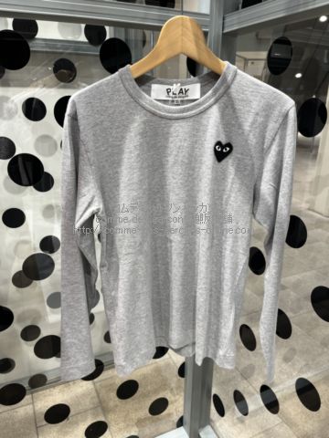 プレイ コムデギャルソン 黒ハート 長袖Tシャツ-グレー-ロンT-ユニ
