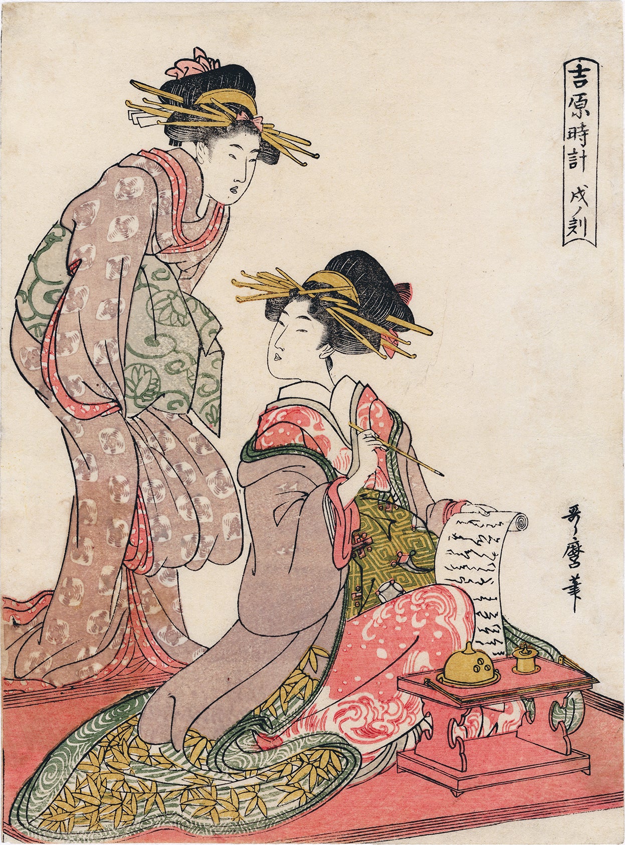歌麿: 手紙を書く遊女と仲間; 戌の刻 – Egenolf Gallery Japanese Prints