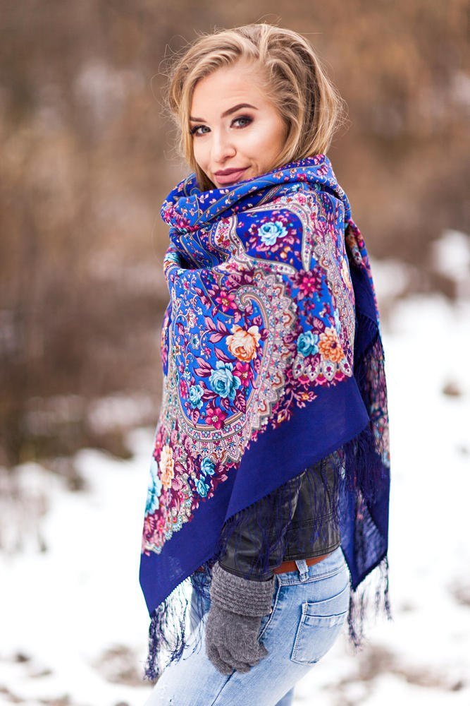 Wool shawl wrap for woman Russian Pavlovo Posad Scarf with Silk